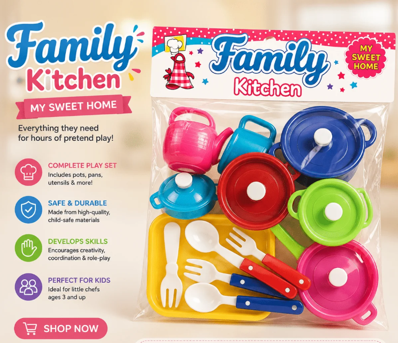 Family Kitchen Pretend Play Cooking Set – Pots, Pans & Utensils for Kids